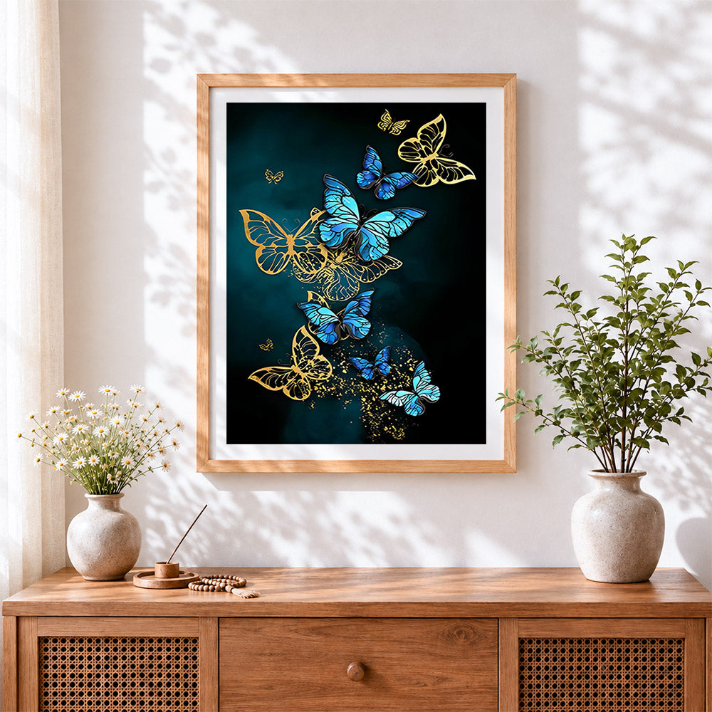 Finished luxury blue and gold butterflies cross stitch artwork displayed