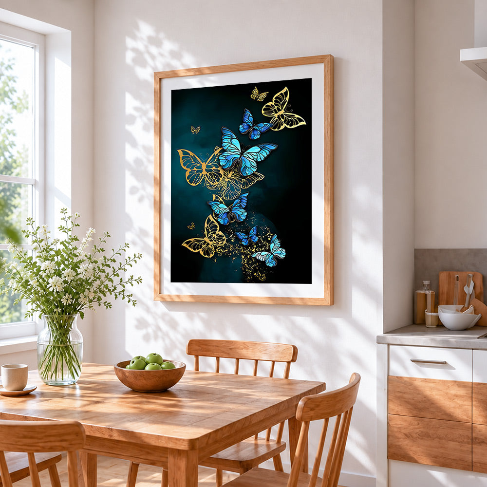 Luxury blue and gold butterflies cross stitch artwork displayed on wall as home decor