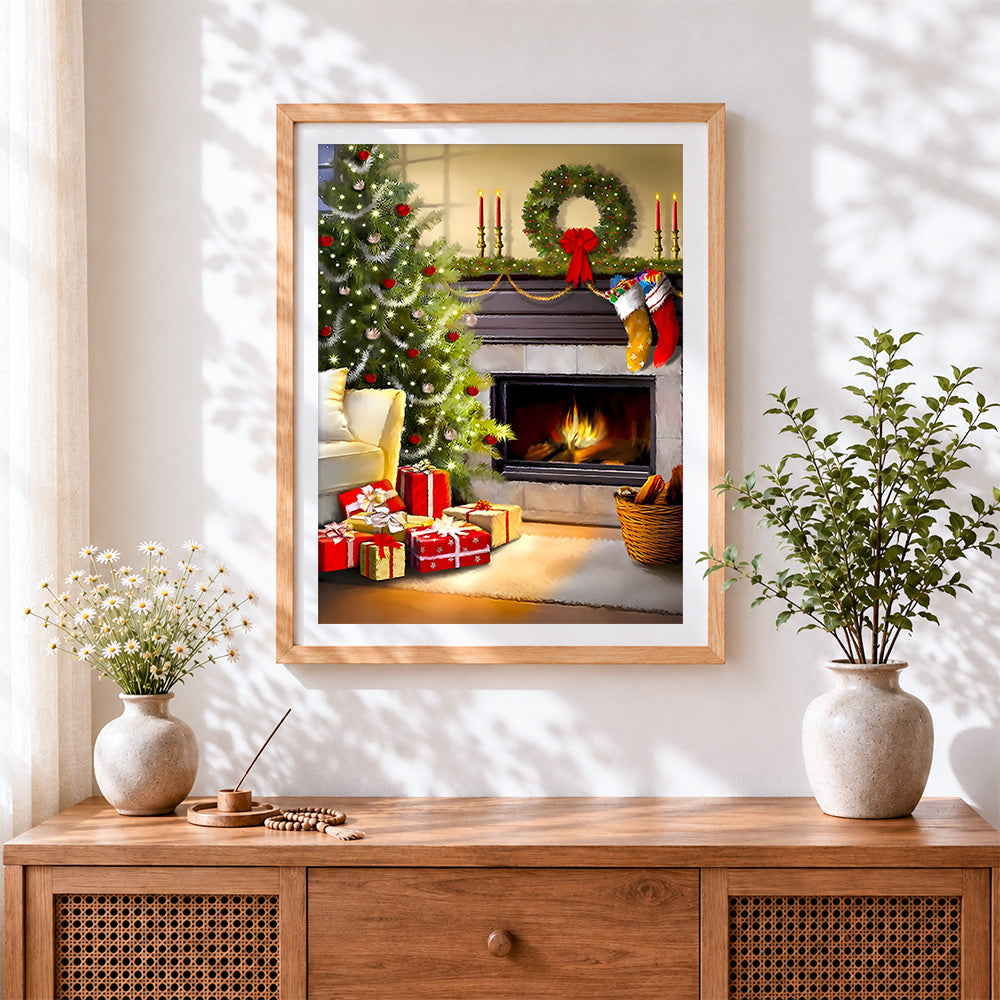 Finished luxury christmas tree and fireplace cross stitch artwork displayed