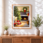 Finished luxury christmas tree and fireplace cross stitch artwork displayed