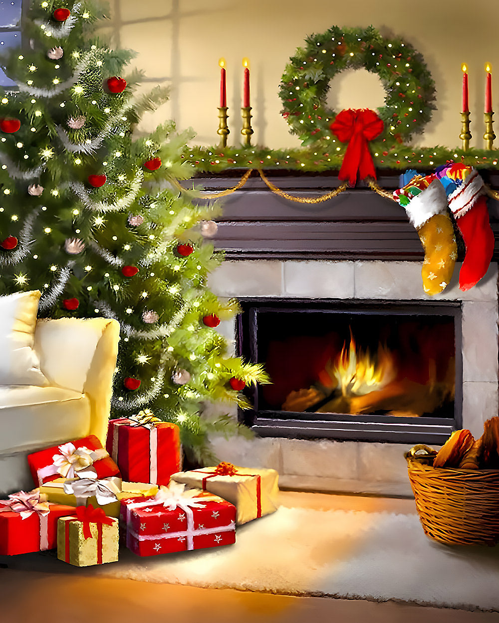 Luxury christmas tree and fireplace cross stitch kit for beginners