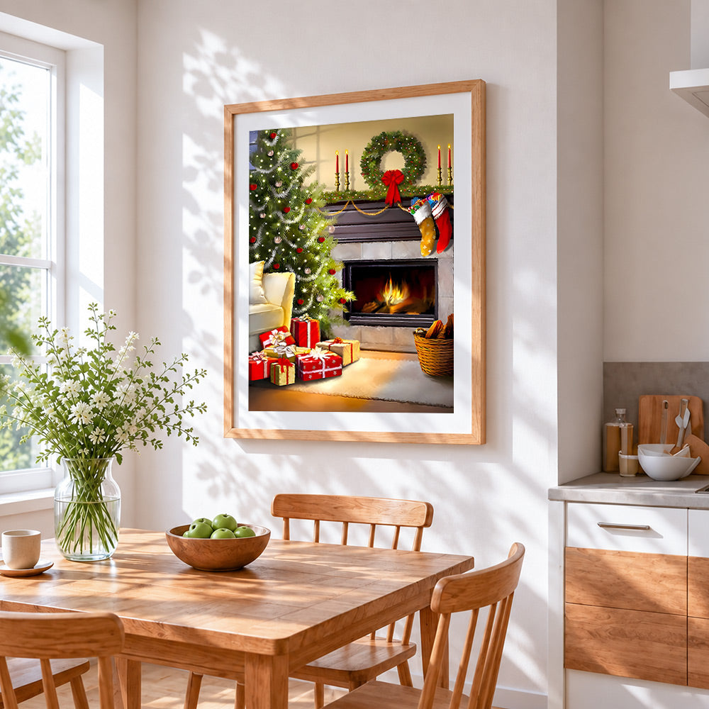 Luxury christmas tree and fireplace cross stitch artwork displayed on wall as home decor