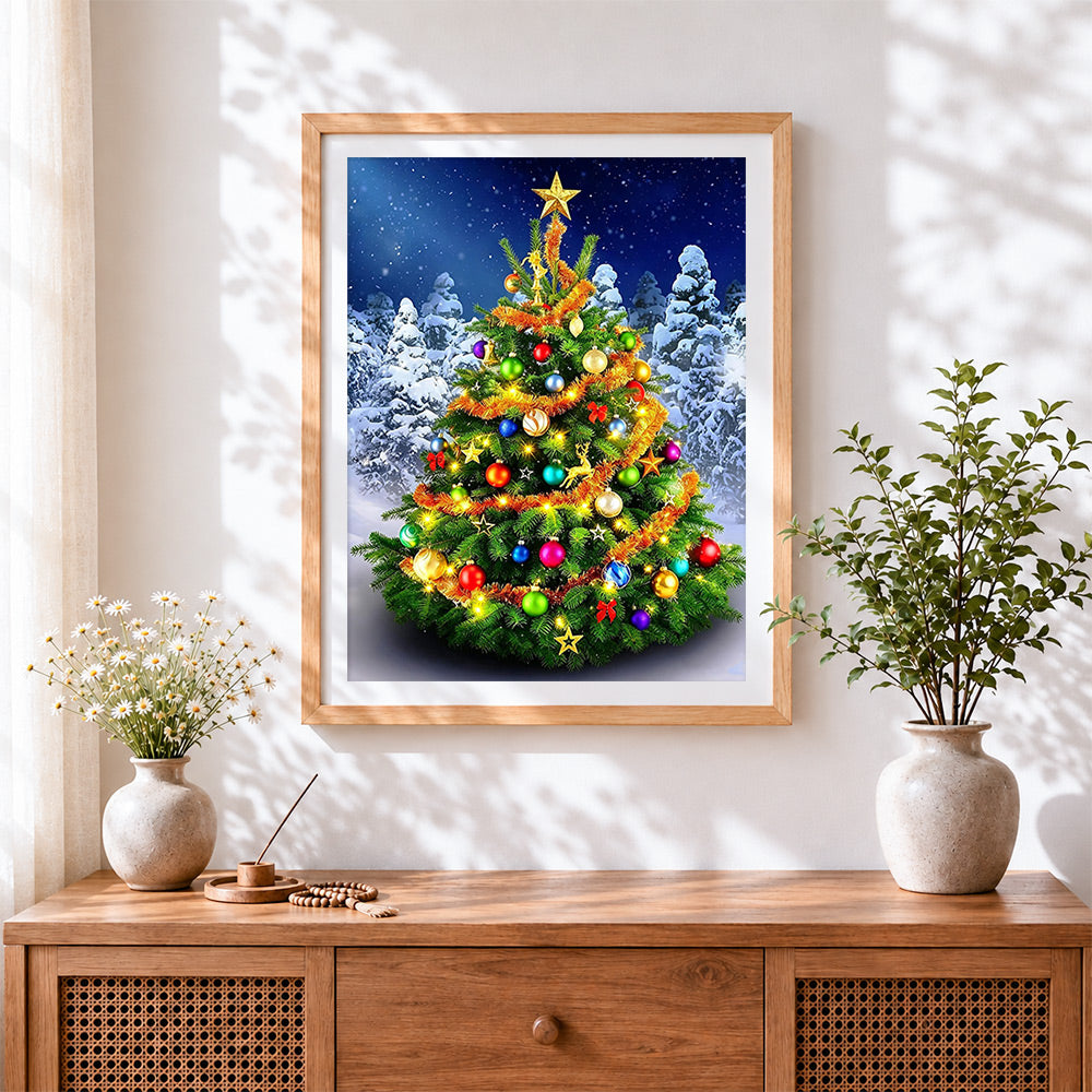 Finished luxury christmas tree with bauble and tinsel cross stitch artwork displayed