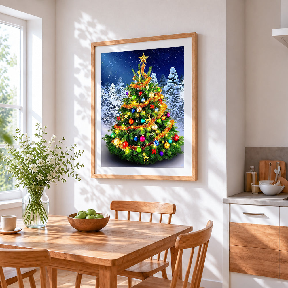 Luxury christmas tree with bauble and tinsel cross stitch artwork displayed on wall as home decor