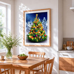 Luxury christmas tree with bauble and tinsel cross stitch artwork displayed on wall as home decor