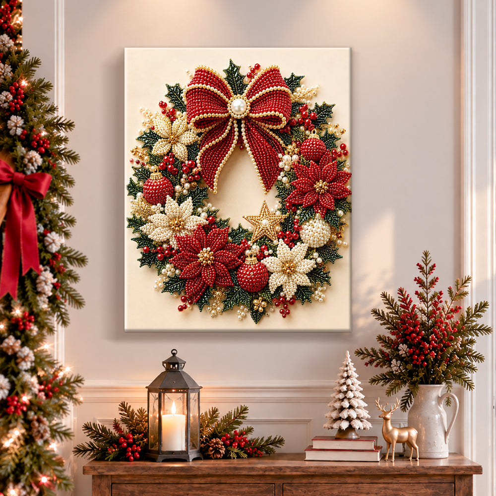 Finished luxury christmas wreath with big bow pearl diamond painting artwork displayed as holiday home decor