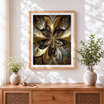 Finished luxury gold and black fractal art cross stitch artwork displayed