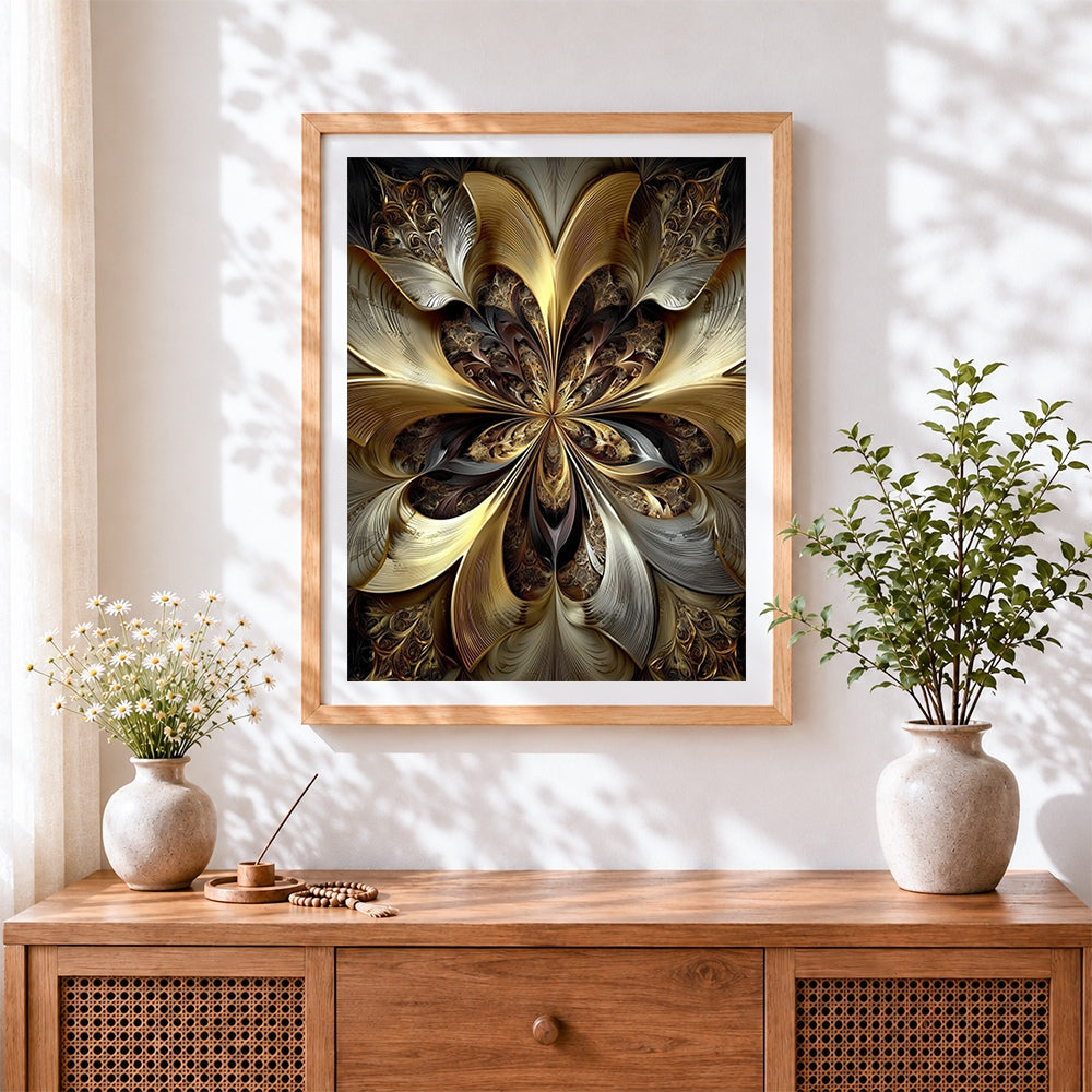Finished luxury gold and black fractal art cross stitch artwork displayed