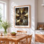 Luxury gold and black fractal art cross stitch artwork displayed on wall as home decor