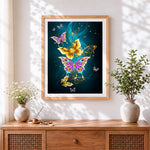 Finished luxury gold and purple butterflies cross stitch artwork displayed
