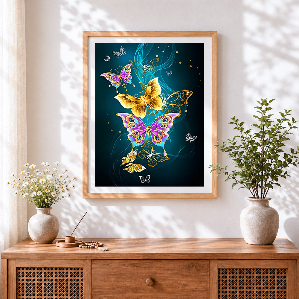 Finished luxury gold and purple butterflies cross stitch artwork displayed