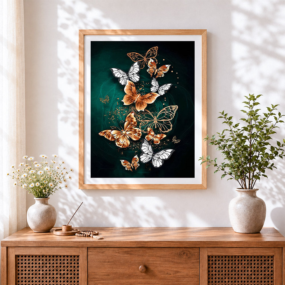 Finished luxury gold and white butterflies cross stitch artwork displayed