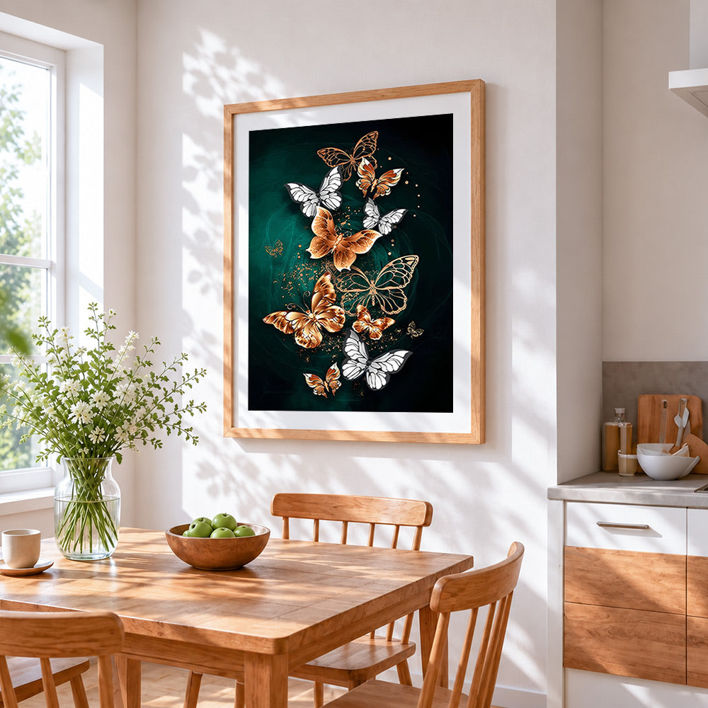 Luxury gold and white butterflies cross stitch artwork displayed on wall as home decor