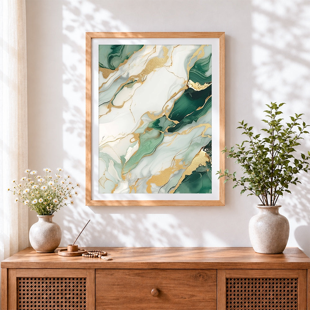 Finished luxury green and gold marble texture cross stitch artwork displayed
