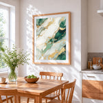 Luxury green and gold marble texture cross stitch artwork displayed on wall as home decor