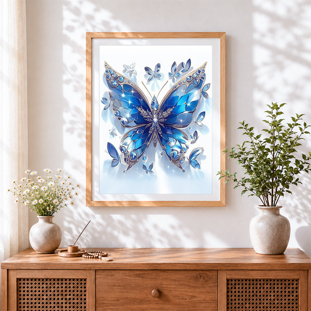 Finished luxury sapphire crystal butterfly paint by numbers artwork displayed as home decor