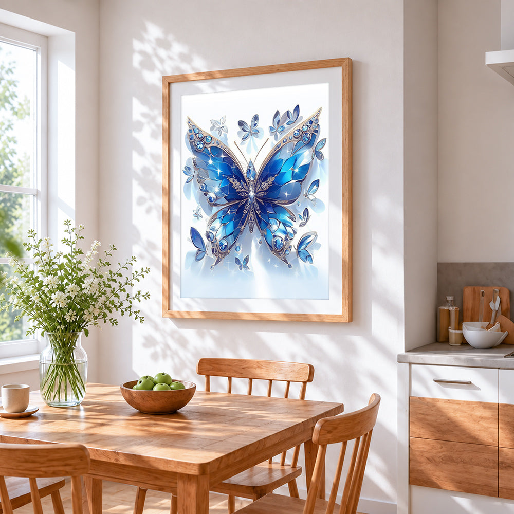 Luxury sapphire crystal butterfly paint by numbers artwork displayed on wall as home decor
