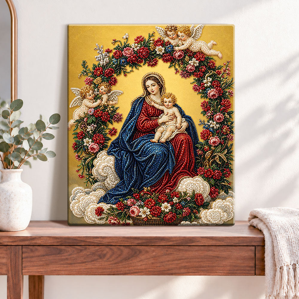 Finished madonna and child pearl diamond painting artwork displayed as home decor
