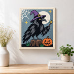 Finished magic crow with witch hat artwork displayed on a wall