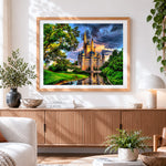 Finished magic kingdom castle cross stitch artwork displayed