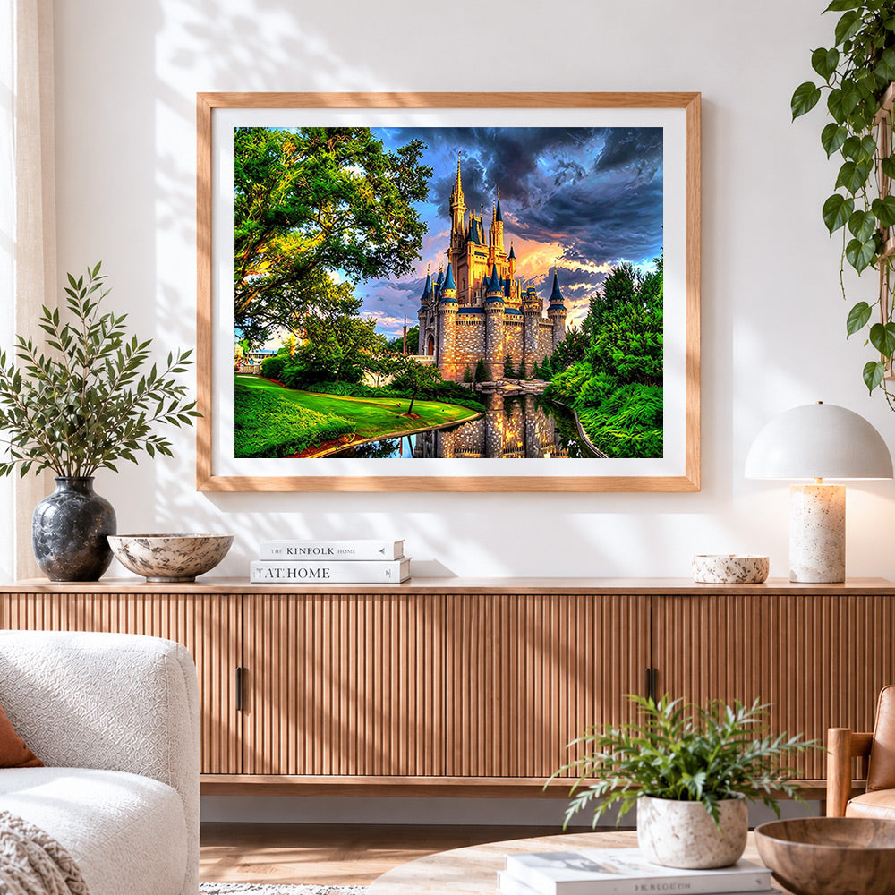 Finished magic kingdom castle cross stitch artwork displayed