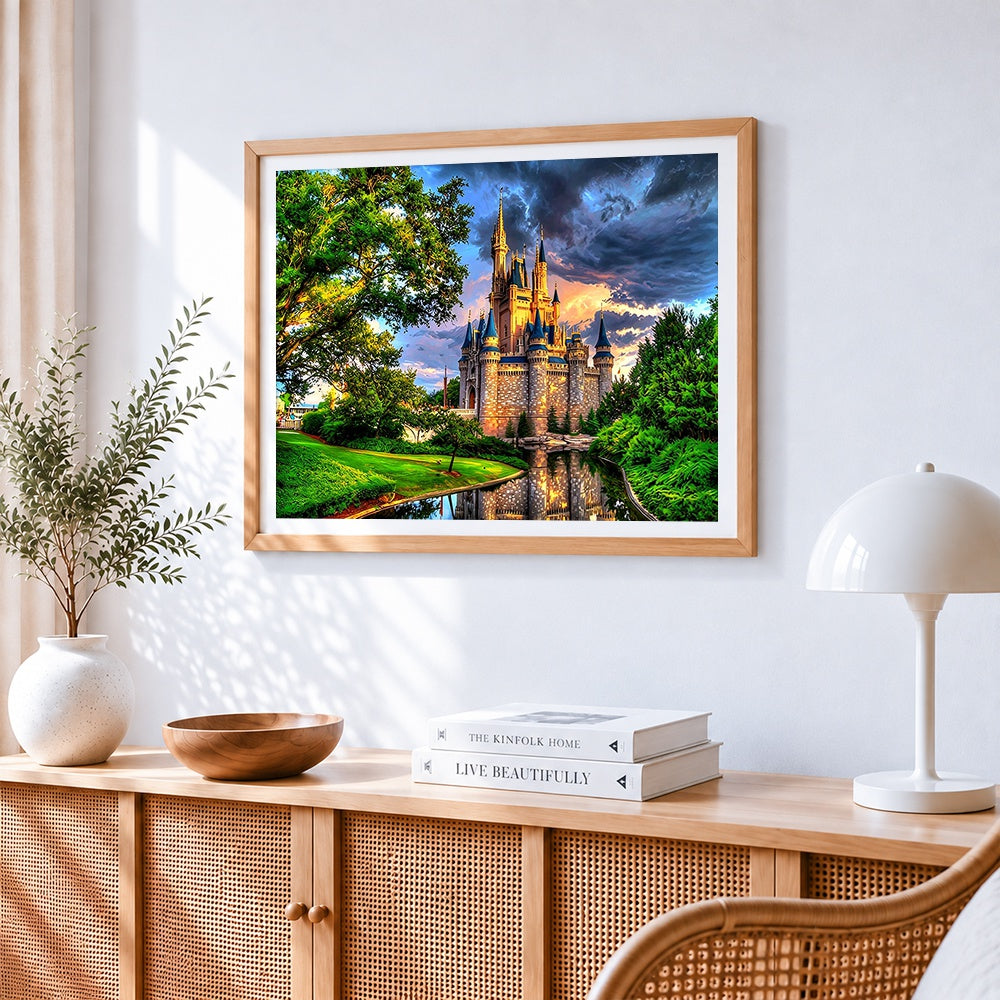 Magic kingdom castle cross stitch artwork displayed on wall as home decor