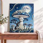 Finished magic mushroom under full moon pearl diamond painting artwork displayed as home decor