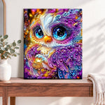Finished magical baby owl pearl diamond painting artwork displayed as home decor