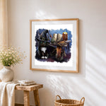 Magical black cat with spell book cross stitch artwork displayed on wall as home decor