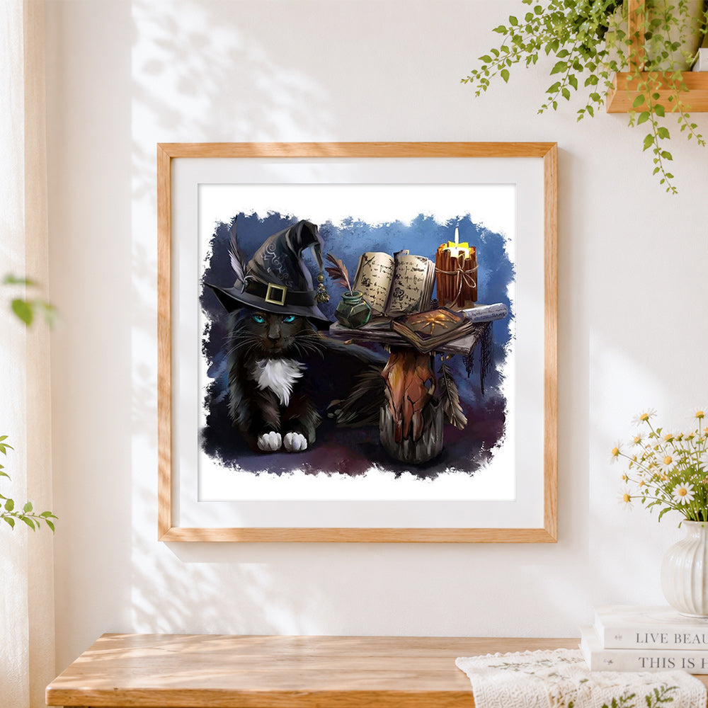 Finished magical black cat with spell book paint by numbers artwork displayed as home decor