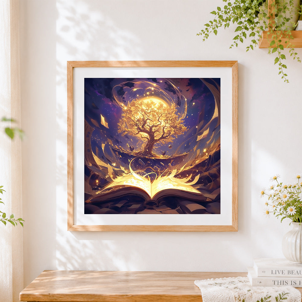 Finished magical book and golden tree of life cross stitch artwork displayed