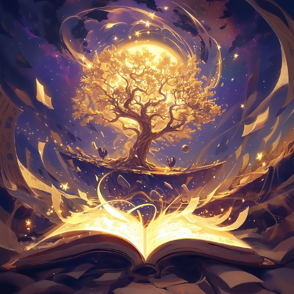 Magical book and golden tree of life cross stitch kit for beginners