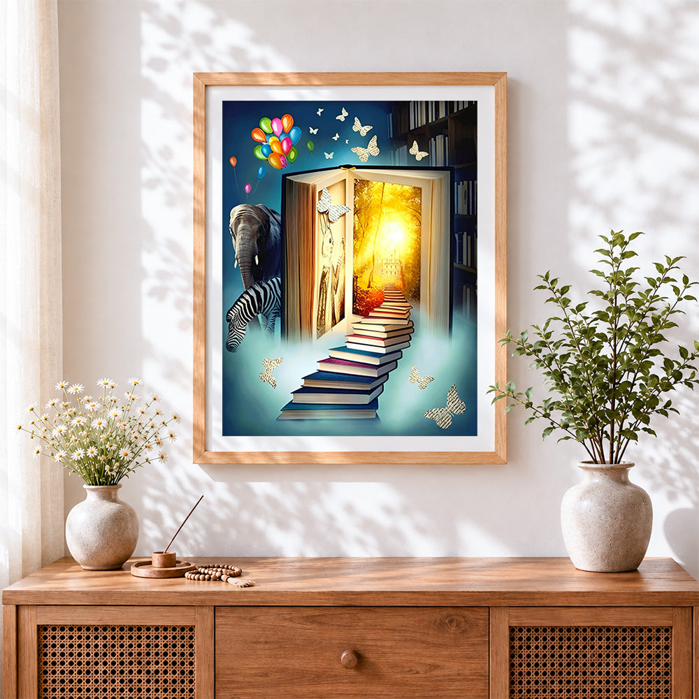 Finished magical book with staircase to a forest cross stitch artwork displayed