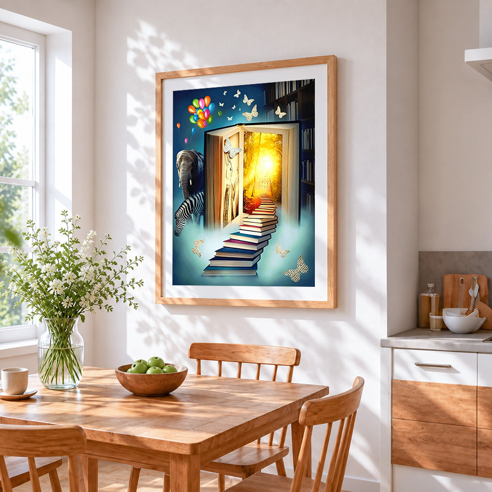 Magical book with staircase to a forest cross stitch artwork displayed on wall as home decor