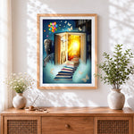 Finished magical book with staircase to a forest paint by numbers artwork displayed as home decor