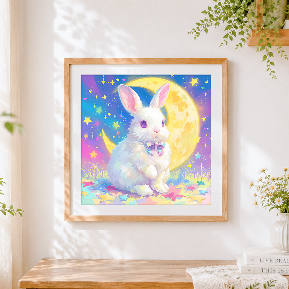 Finished magical bunny under the stars cross stitch artwork displayed