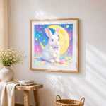 Magical bunny under the stars cross stitch artwork displayed on wall as home decor
