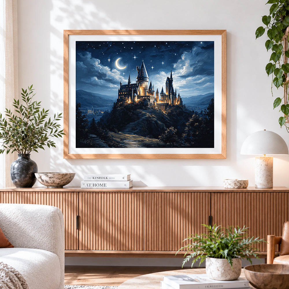 Finished magical castle under a starry night cross stitch artwork displayed