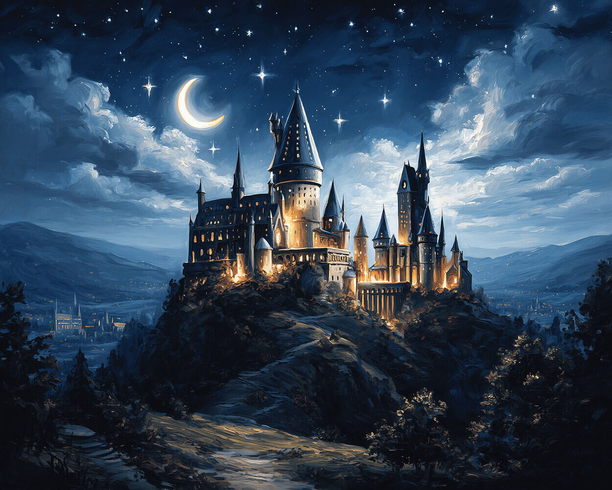 Magical castle under a starry night paint by numbers kit for beginners