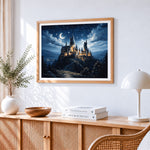 Magical castle under a starry night paint by numbers artwork displayed on wall as home decor