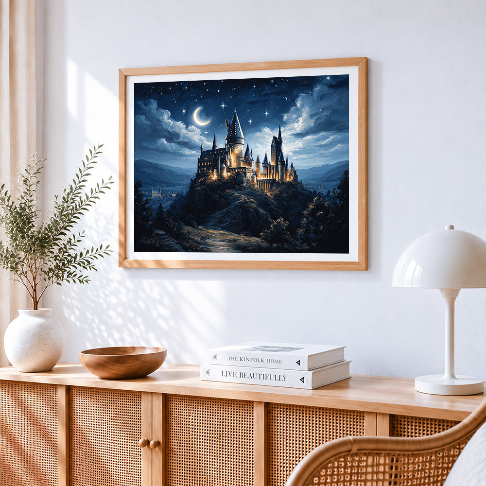 Magical castle under a starry night paint by numbers artwork displayed on wall as home decor
