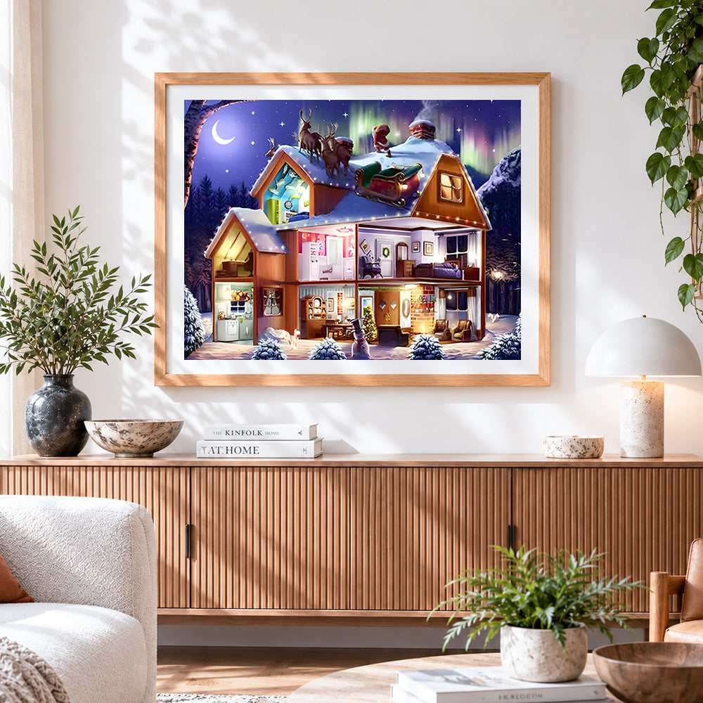 Finished magical christmas house with santa on the roof cross stitch artwork displayed