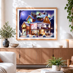 Finished magical christmas house with santa on the roof cross stitch artwork displayed
