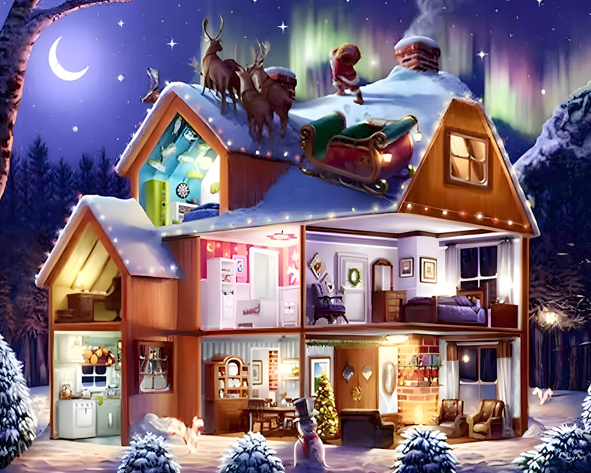Magical christmas house with santa on the roof cross stitch kit for beginners