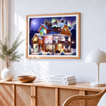 Magical christmas house with santa on the roof cross stitch artwork displayed on wall as home decor