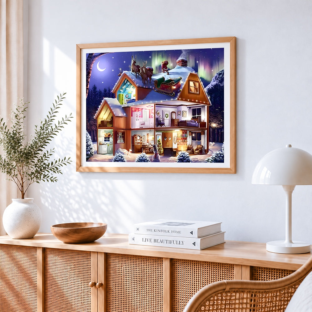 Magical christmas house with santa on the roof cross stitch artwork displayed on wall as home decor