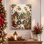 Finished magical christmas snow village pearl diamond painting artwork displayed as holiday home decor