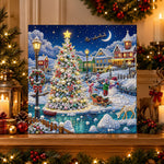 Finished magical christmas town pearl diamond painting artwork displayed as holiday home decor
