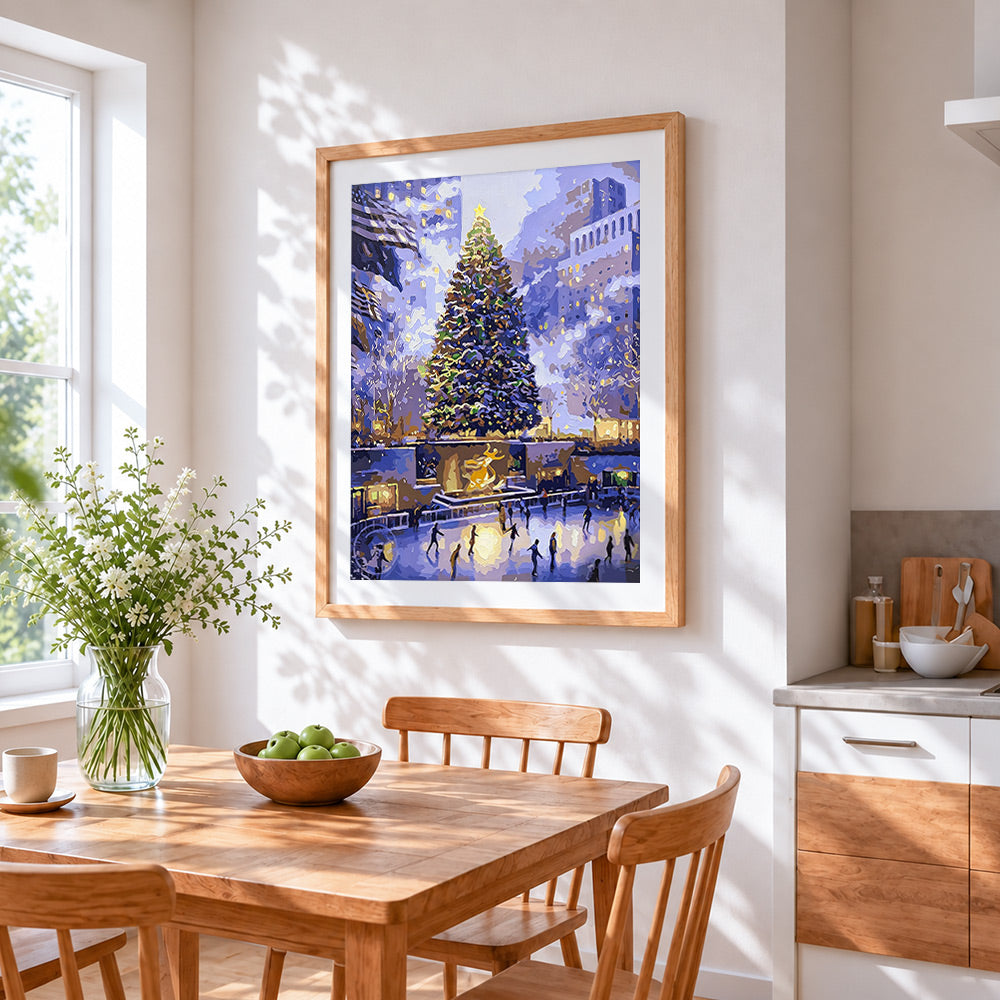 Magical city christmas tree and ice skating cross stitch artwork displayed on wall as home decor