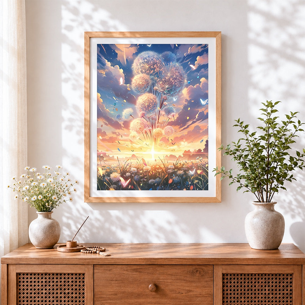 Finished magical dandelions at sunset cross stitch artwork displayed